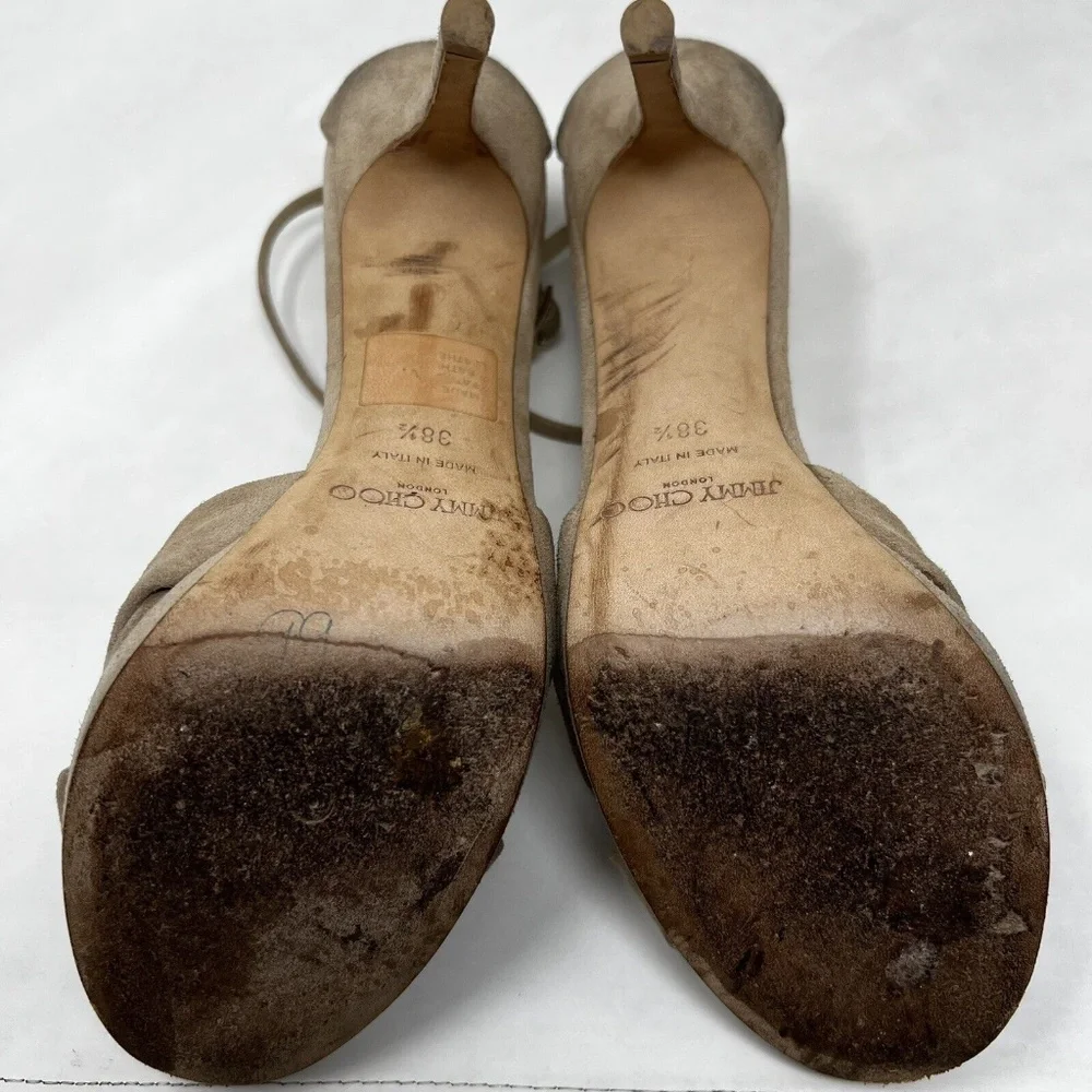 Jimmy Choo High Heels Beige Brown Suede Womens EU 38.5 Italy - Picture 9 of 10